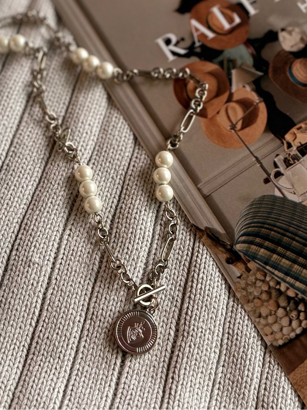 Lauren Ralph Lauren Silver-Tone Pearl Crest Toggle Necklace
